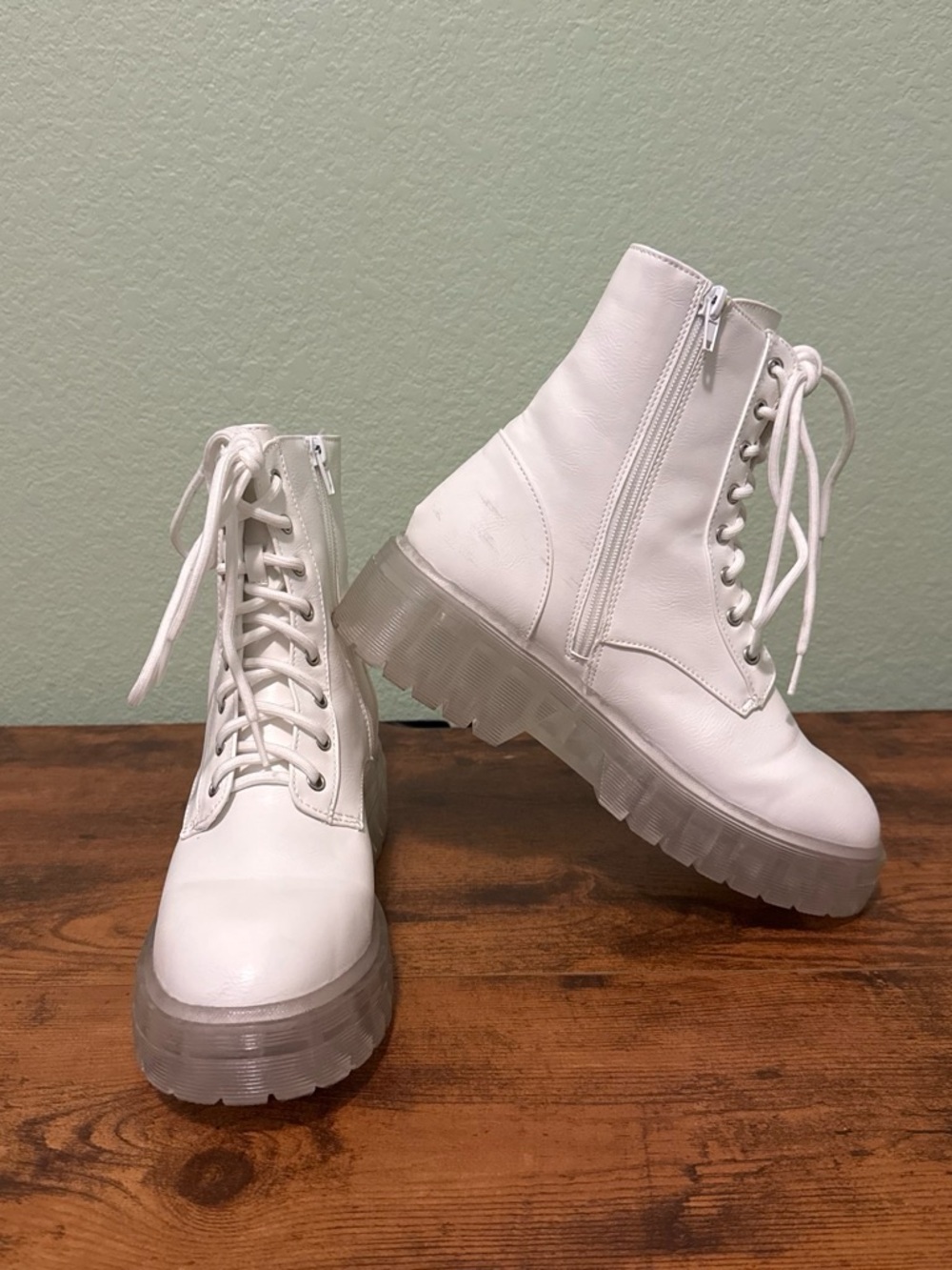Shoe Dazzle White Lace-Up Platform Combat Boots
